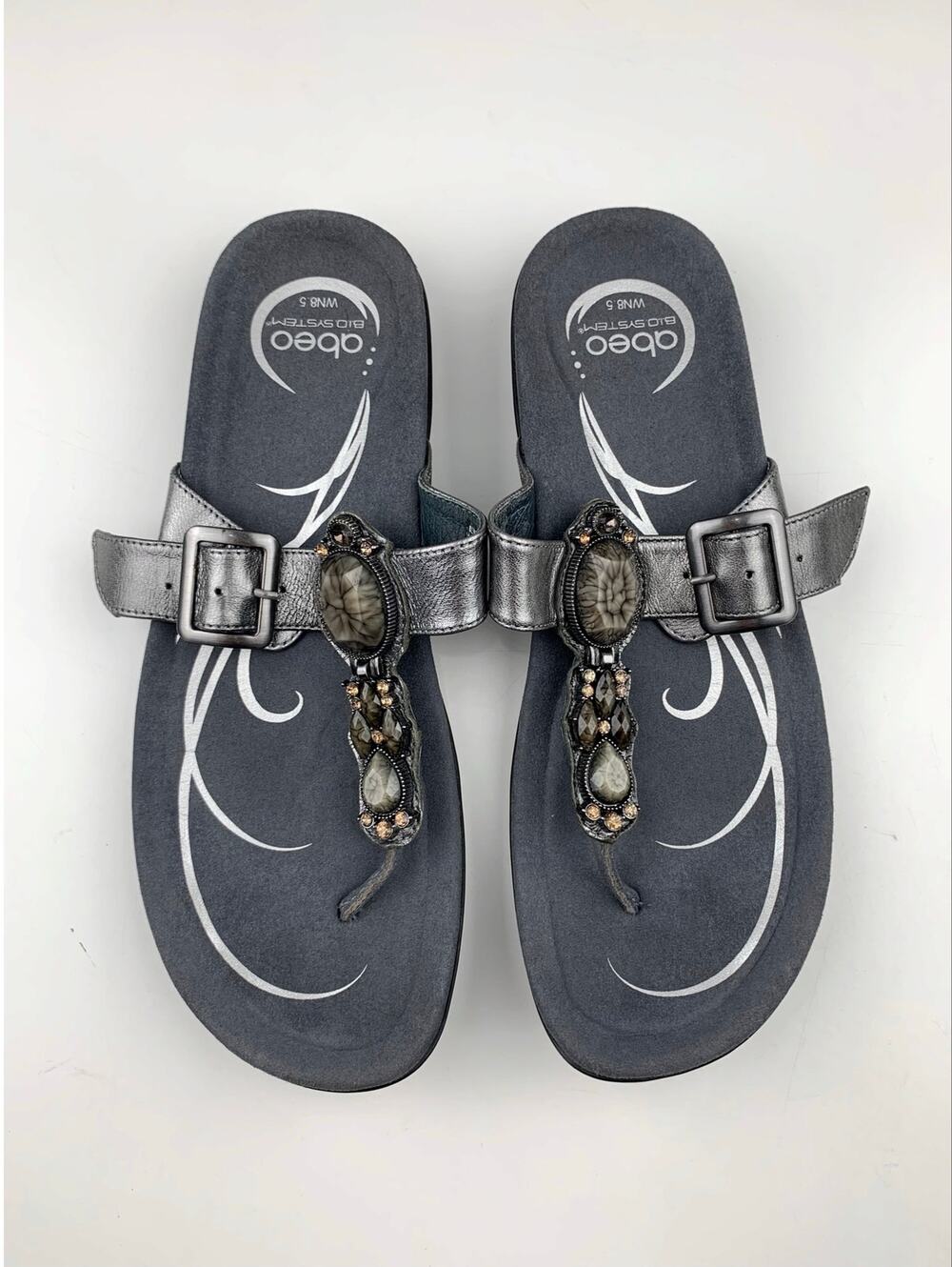 Abeo Bio System Bling Jeweled Sandals Pewter Grey Thong Comfort Women's 8.5 N